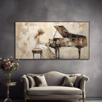 Hand - Painted Elegant Lady at Piano – Textured Beige Oil Painting for Luxury Living Spaces - Kidd's Home