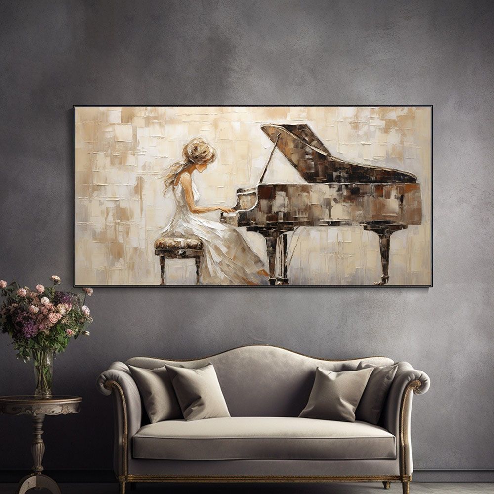 Hand - Painted Elegant Lady at Piano – Textured Beige Oil Painting for Luxury Living Spaces - Kidd's Home