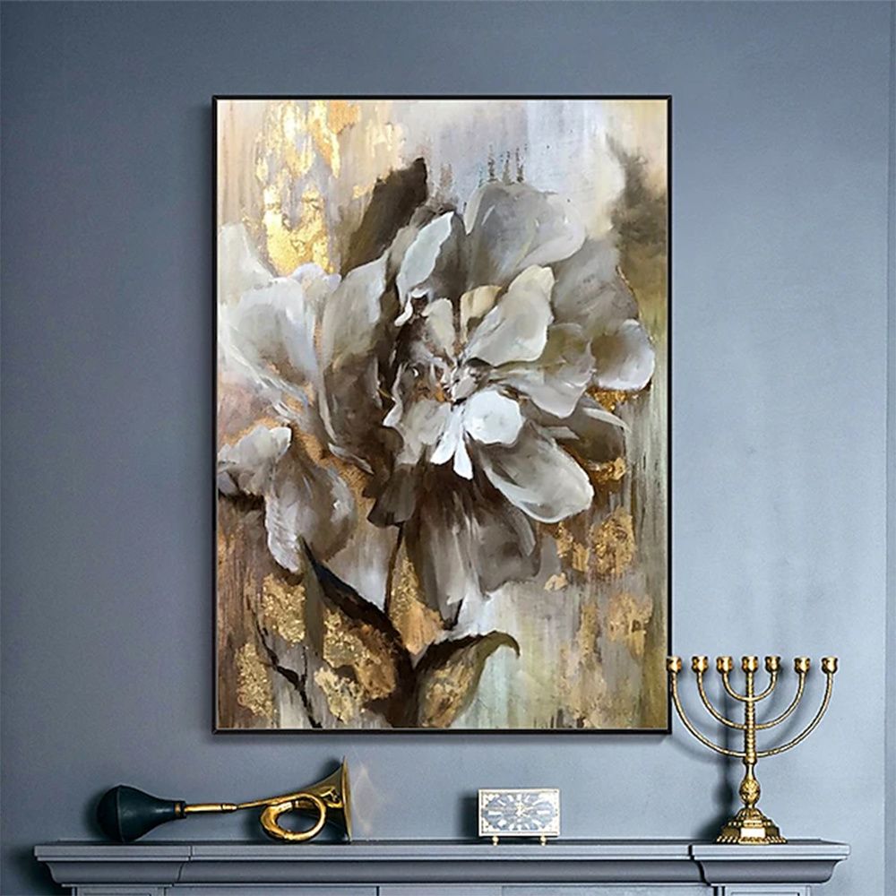 Handmade Floral Oil Painting – Textured Gold & Beige Abstract Canvas Art - Kidd's Home