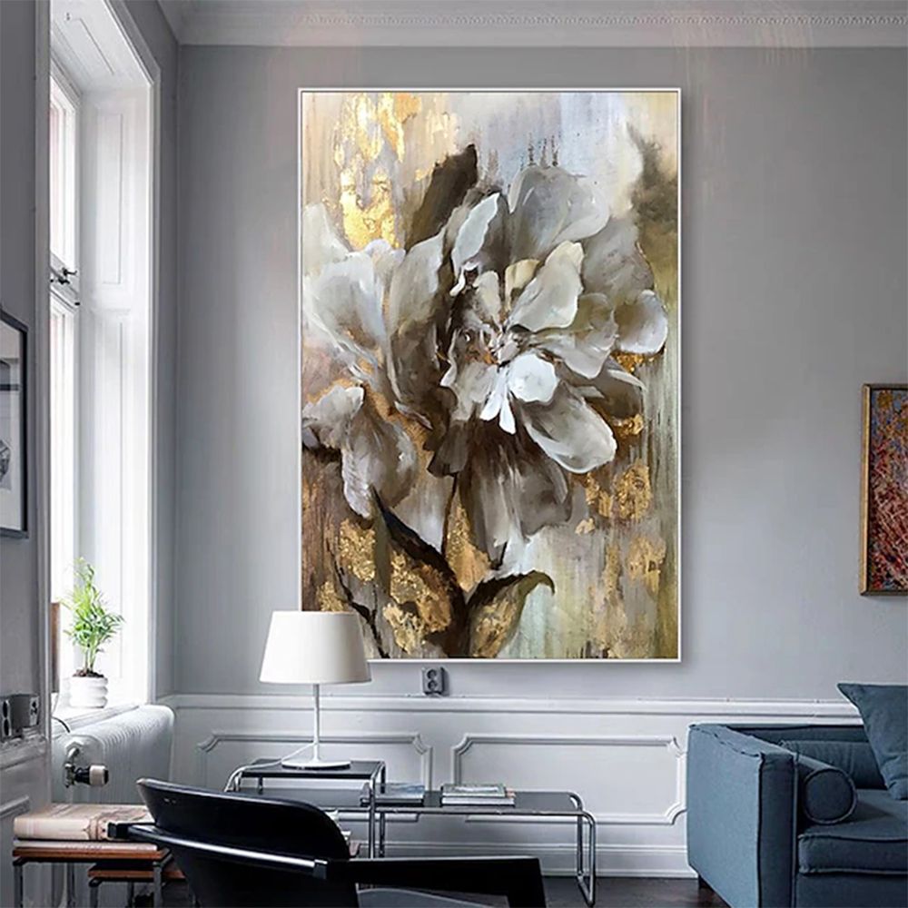 Handmade Floral Oil Painting – Textured Gold & Beige Abstract Canvas Art - Kidd's Home