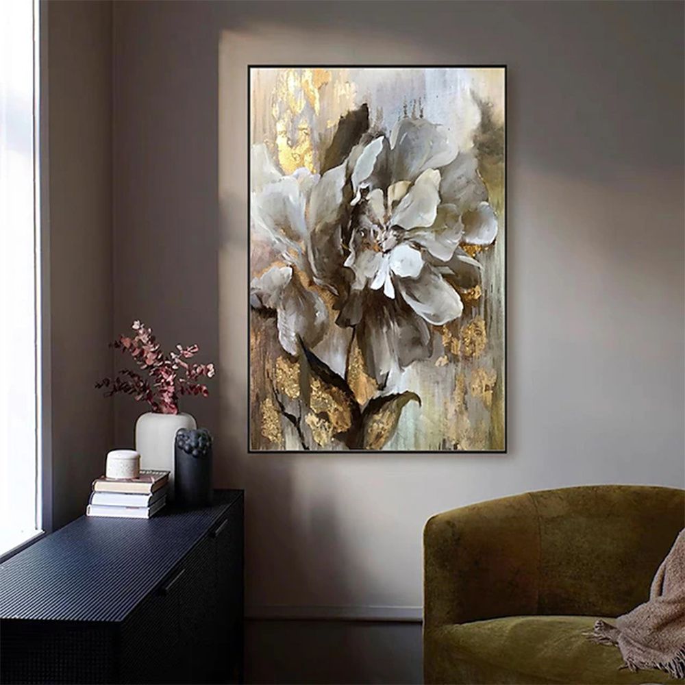 Handmade Floral Oil Painting – Textured Gold & Beige Abstract Canvas Art - Kidd's Home
