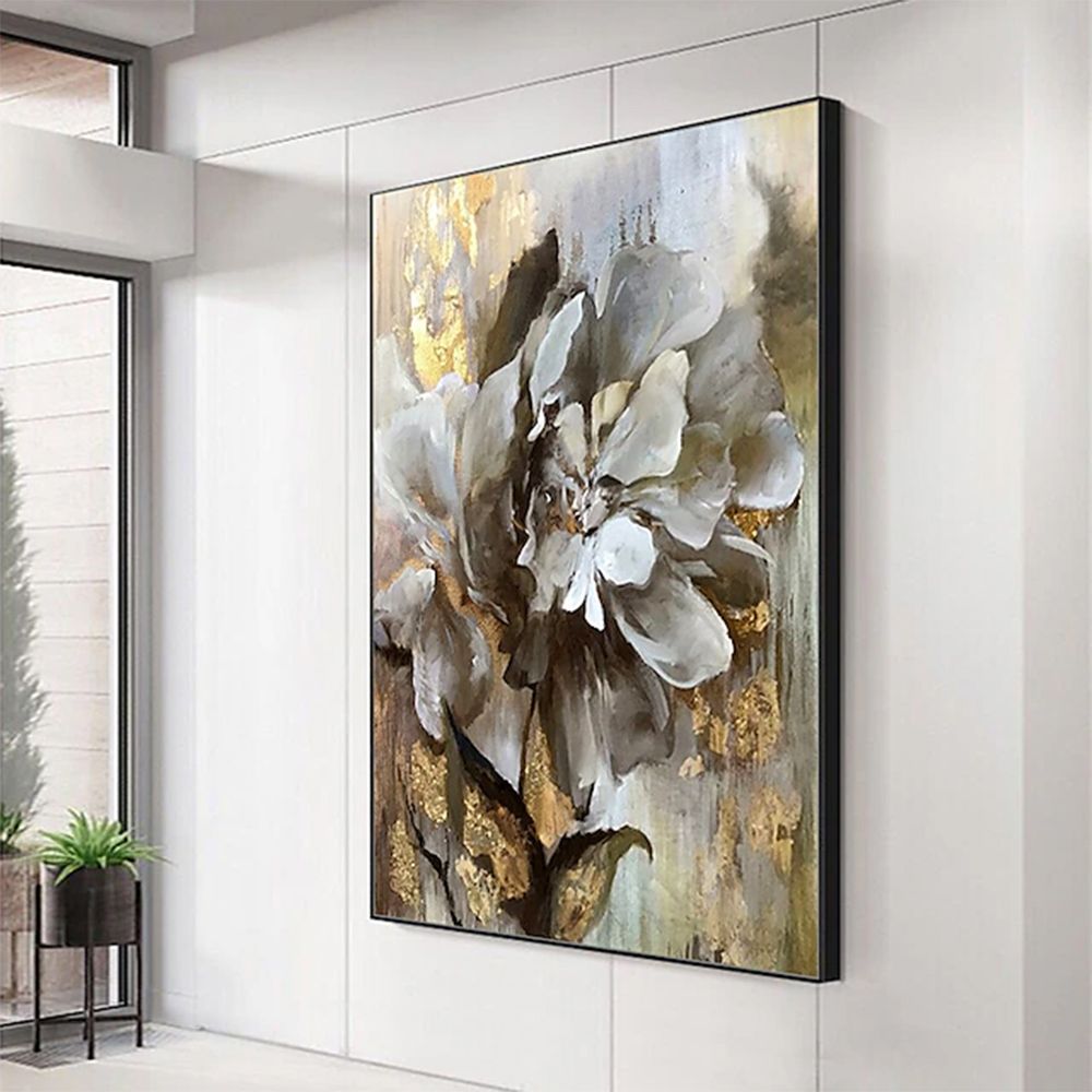 Handmade Floral Oil Painting – Textured Gold & Beige Abstract Canvas Art - Kidd's Home