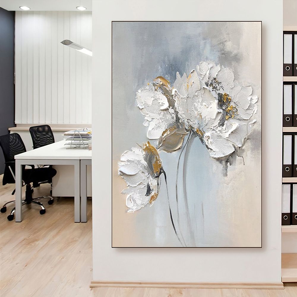 Handmade White Floral Oil Painting – Minimalist Textured Canvas Wall Art - Kidd's Home