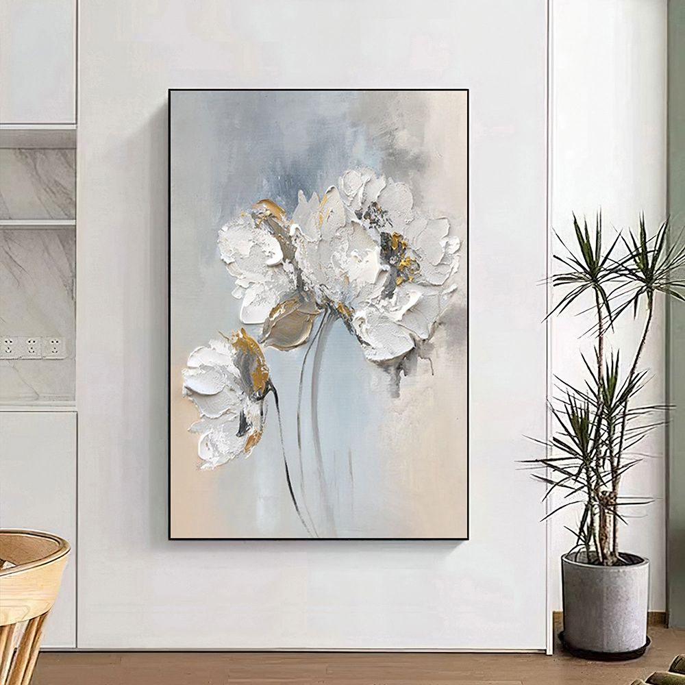 Handmade White Floral Oil Painting – Minimalist Textured Canvas Wall Art - Kidd's Home