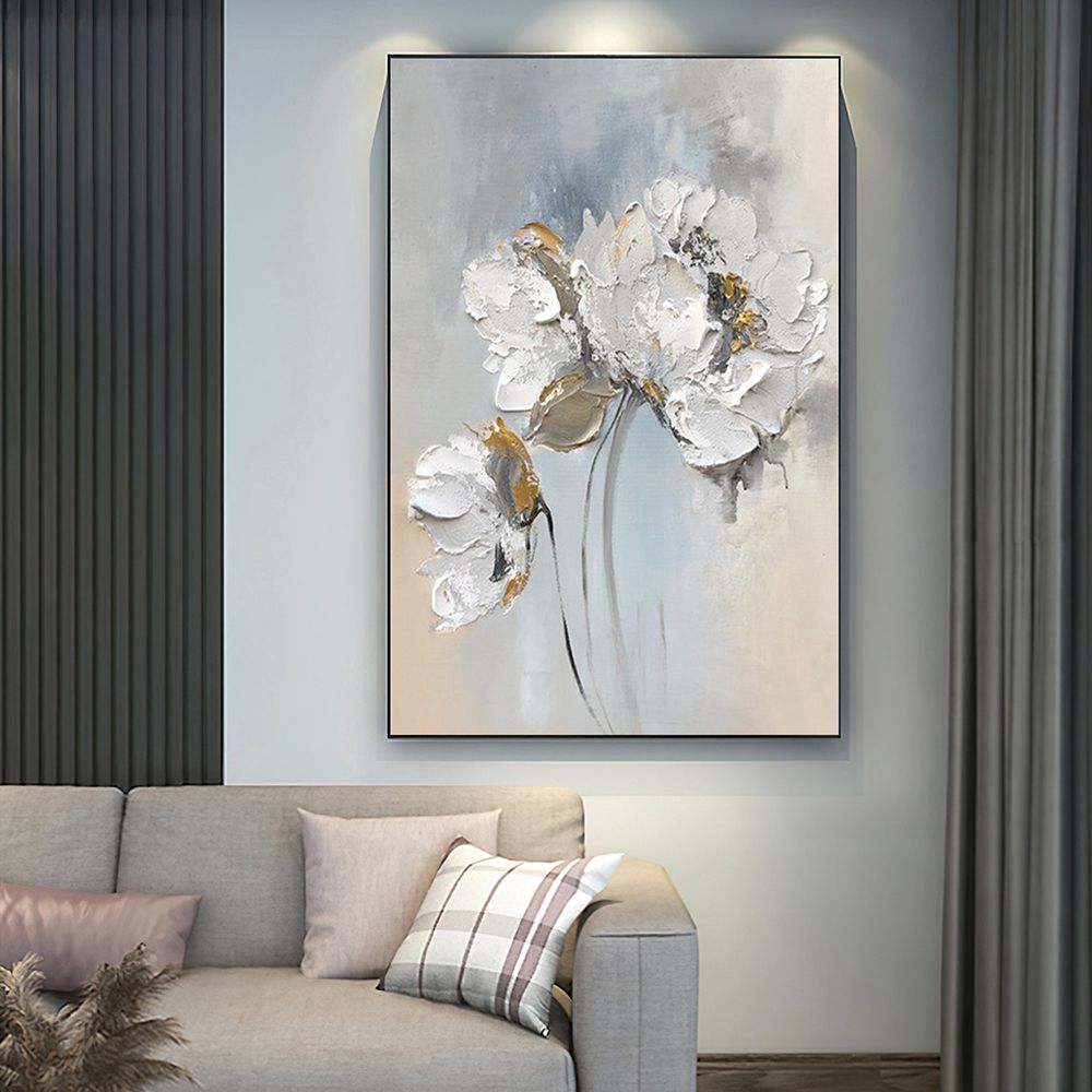 Handmade White Floral Oil Painting – Minimalist Textured Canvas Wall Art - Kidd's Home